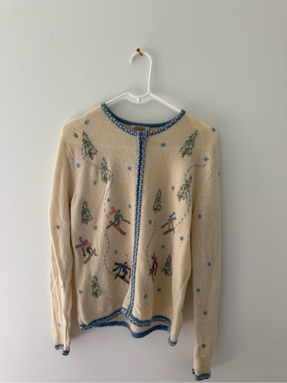 Talbots Cream Ski Scene Zip Up Sweater with Blue Trim- 100% Lambswool
